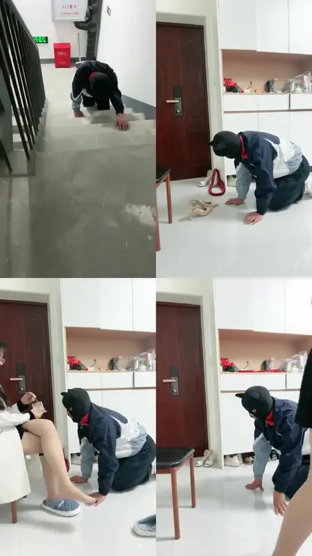 杨大妈-楼道遛狗圣水直饮路人观看