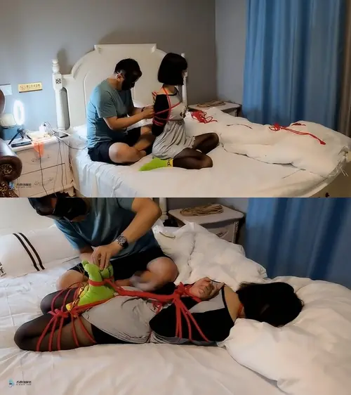 JS原创-红绳后手观音驷马捆绑 棉袜丝袜套头 胶带封嘴挠痒绑脚趾