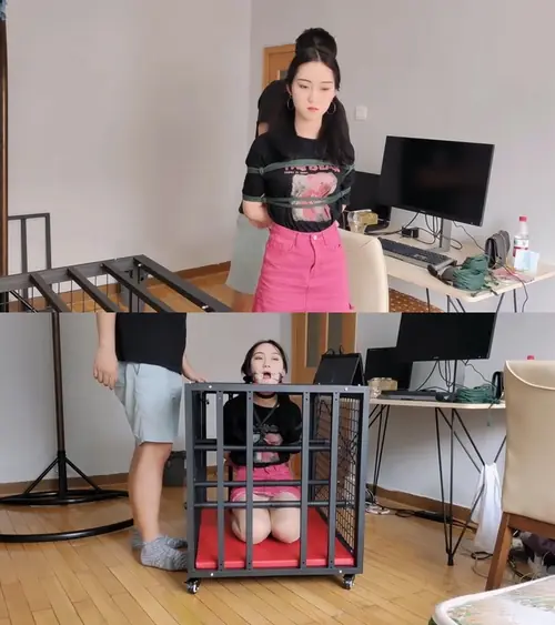 玩奴原创-美少女欣妍铁笼超紧跪缚