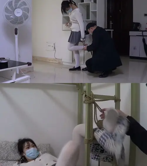 新月原创-雨涵 手脚并铐单腿跳 白丝绑床TK脚 绑在床上狠狠挠脚心的时候 想死的心都有