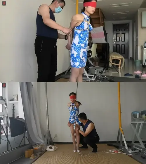 绳之韵-敬业的小凡灰丝青花小旗袍，直臂吊虐